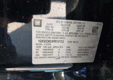 2015 Chevrolet Tahoe Ltz z USA, uszkodzony, nr VIN 1GNSCCKC4FR747752